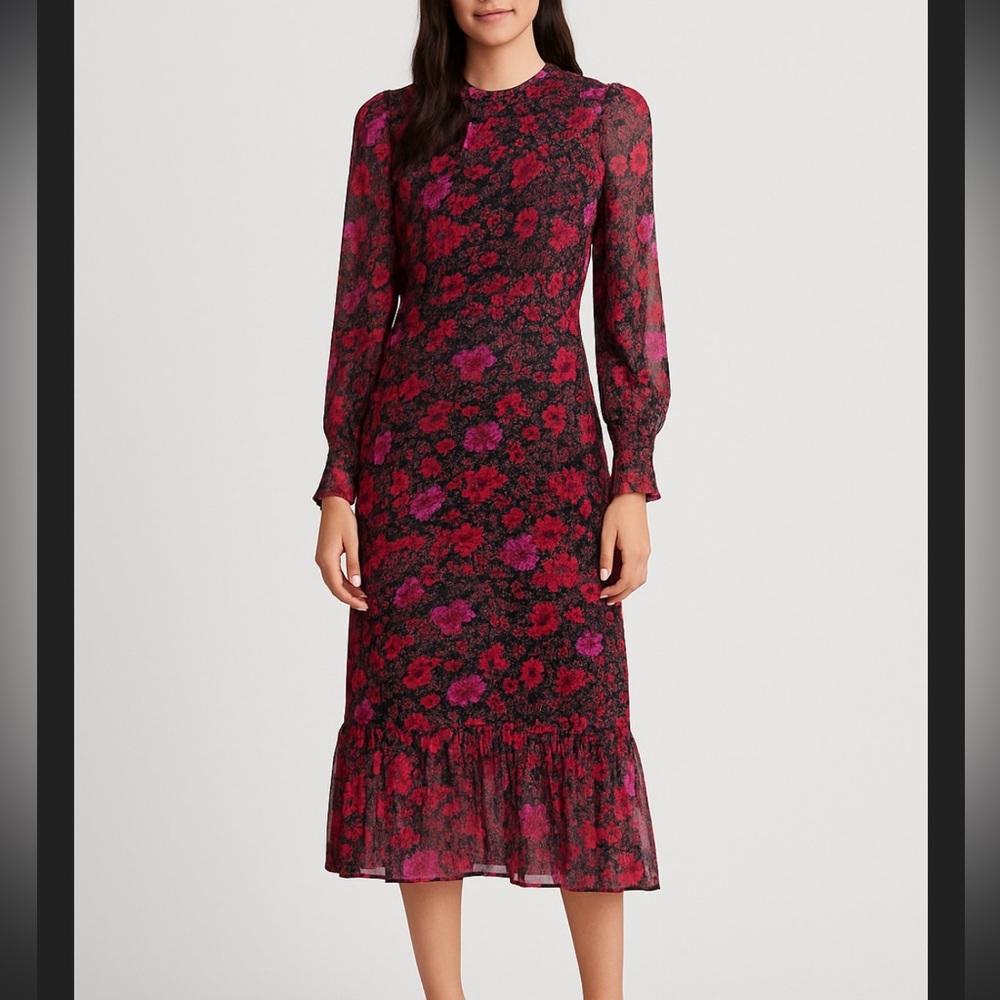 Allison New York Smocked Floral Top & Midi Skirt Matching Set Red Black XS